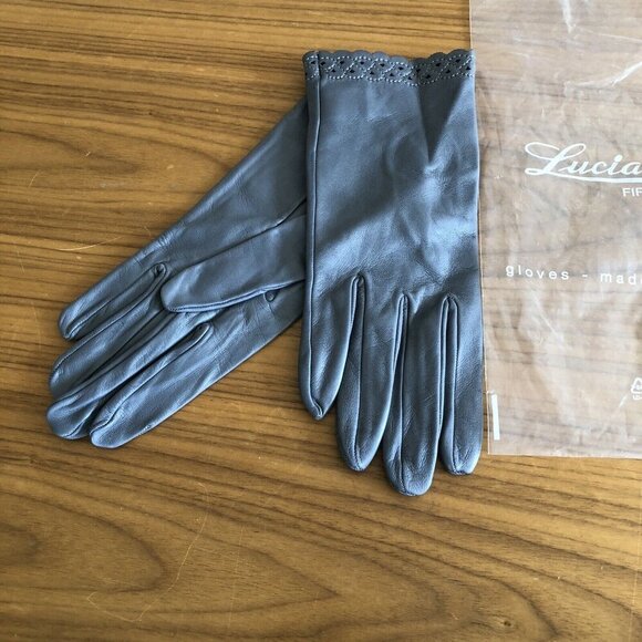Luciano Firenze Gray Leather Gloves Etched Border Made in Italy Luxury Quality - Picture 9 of 9